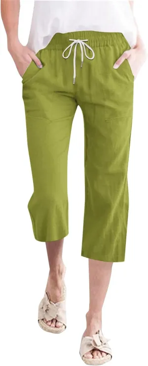 Summer Capri Pants for Women Cotton Linen Straight Leg Cropped Trousers High Waist Shorts Casual Pant with Pockets
