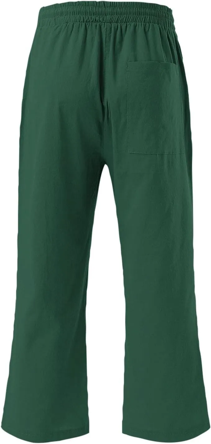 Summer Capri Pants for Women Cotton Linen Straight Leg Cropped Trousers High Waist Shorts Casual Pant with Pockets