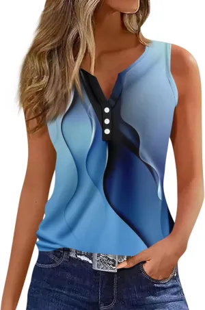 Tank Tops for Women Summer V Neck Tops Casual Button Down Floral Printed Shirts Loose Fit Sleeveless Cute T Shirts