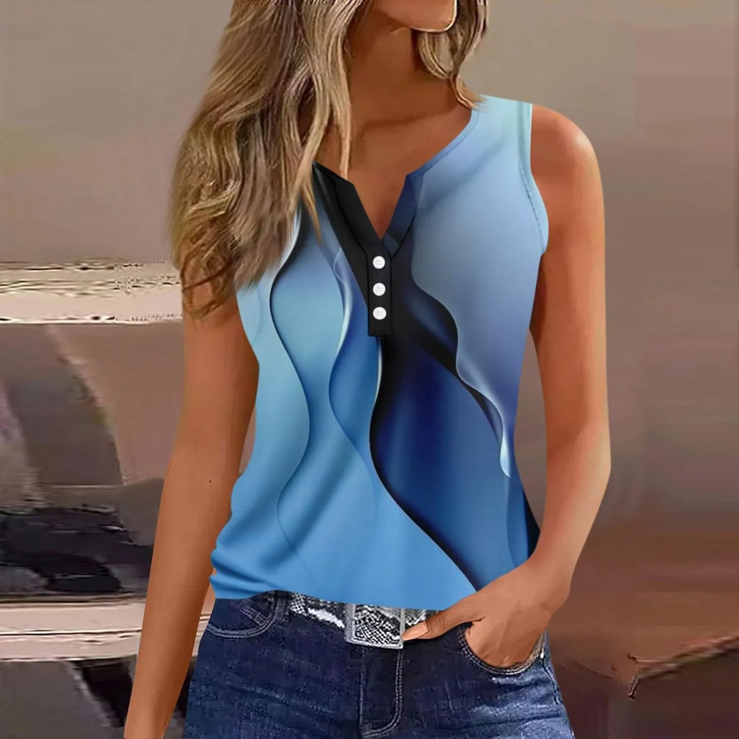 Tank Tops for Women Summer V Neck Tops Casual Button Down Floral Printed Shirts Loose Fit Sleeveless Cute T Shirts