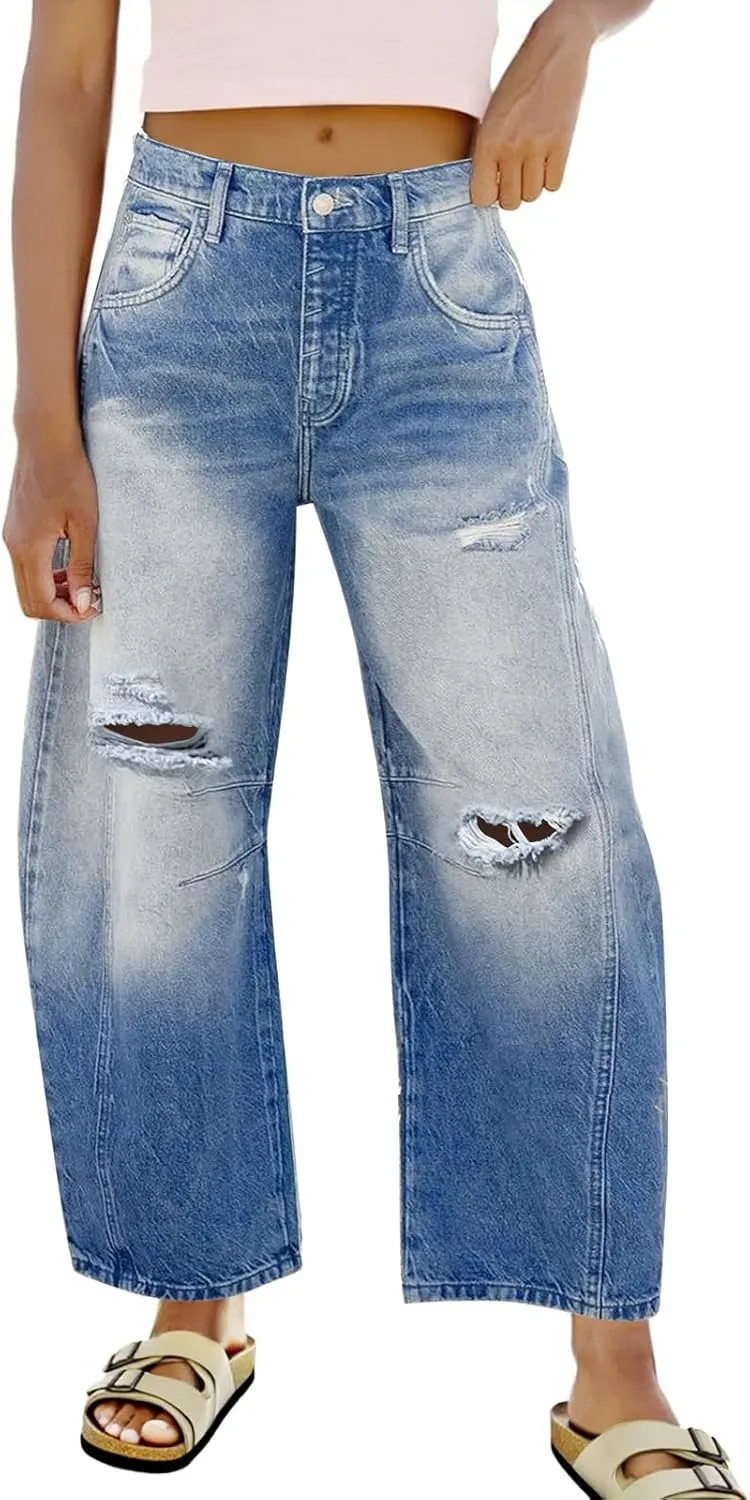 Tankaneo Womens Ripped Barrel Jeans Baggy Boyfriend Horseshoe Mid Rise Wide Leg Vintage Cropped Denim Pants