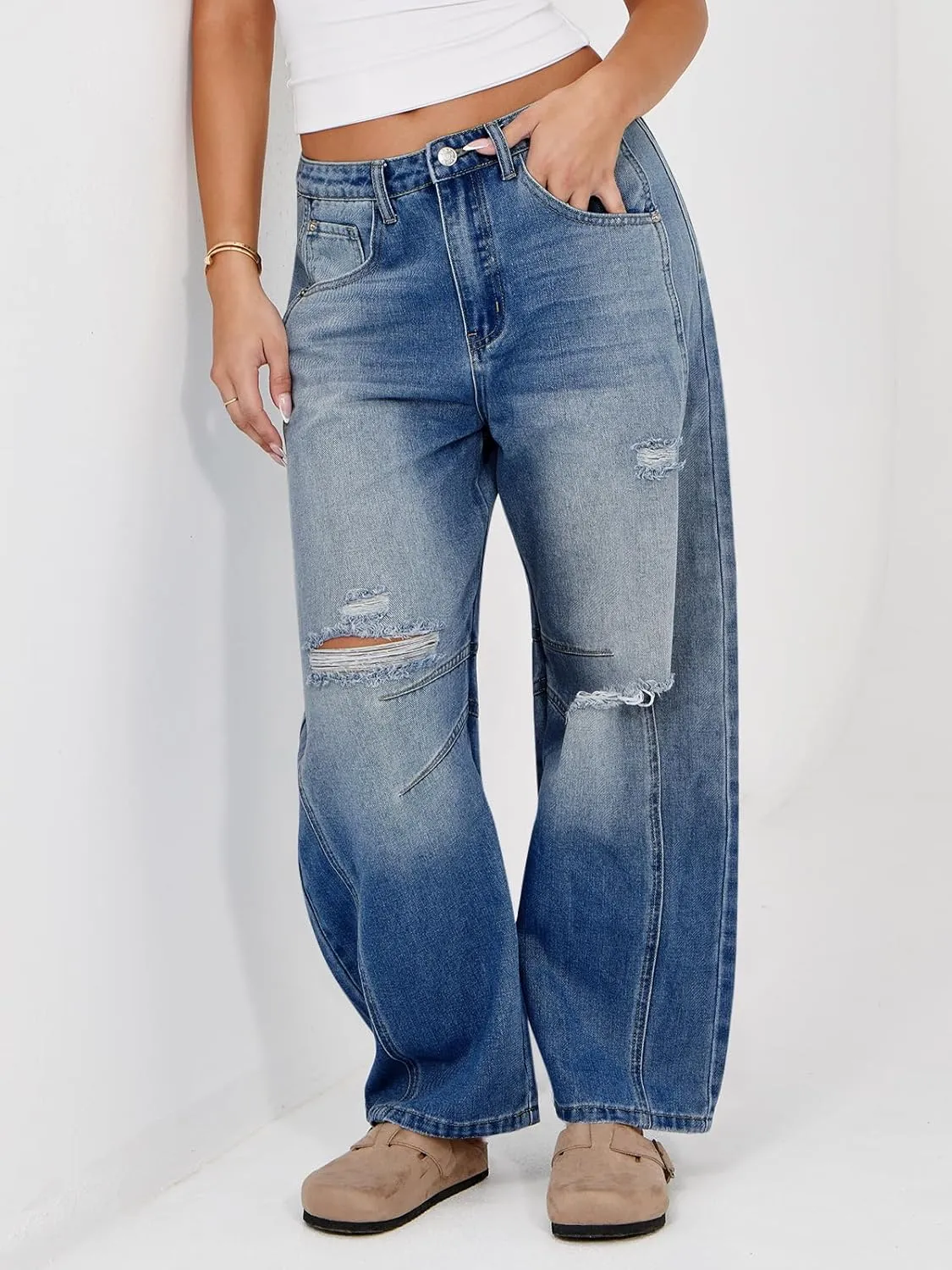 Tankaneo Womens Ripped Barrel Jeans Baggy Boyfriend Horseshoe Mid Rise Wide Leg Vintage Cropped Denim Pants