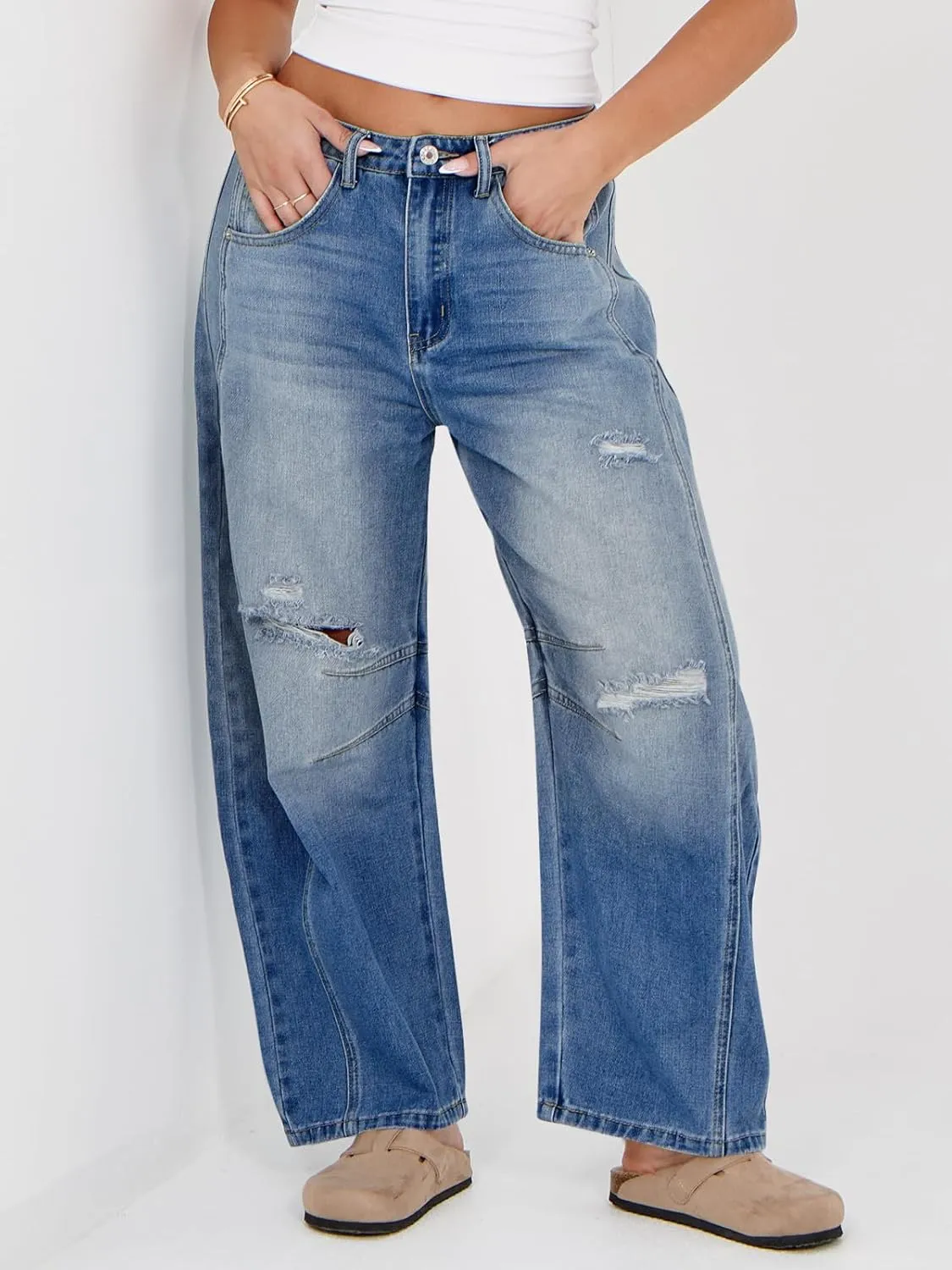 Tankaneo Womens Ripped Barrel Jeans Baggy Boyfriend Horseshoe Mid Rise Wide Leg Vintage Cropped Denim Pants