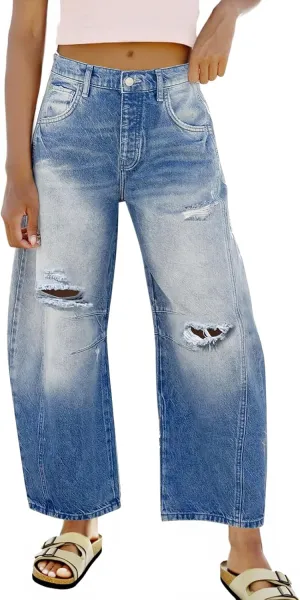 Tankaneo Womens Ripped Barrel Jeans Baggy Boyfriend Horseshoe Mid Rise Wide Leg Vintage Cropped Denim Pants