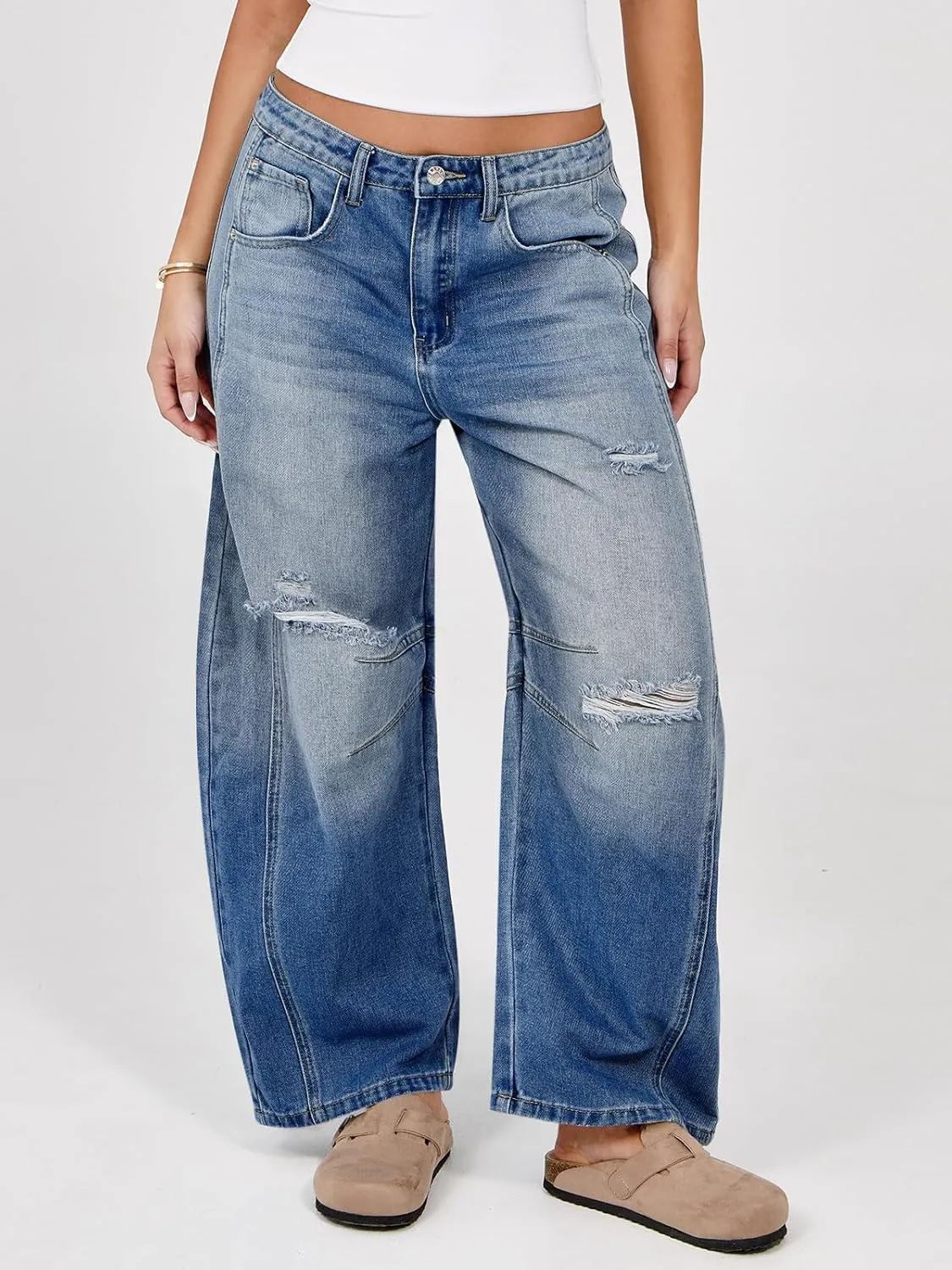 Tankaneo Womens Ripped Barrel Jeans Baggy Boyfriend Horseshoe Mid Rise Wide Leg Vintage Cropped Denim Pants