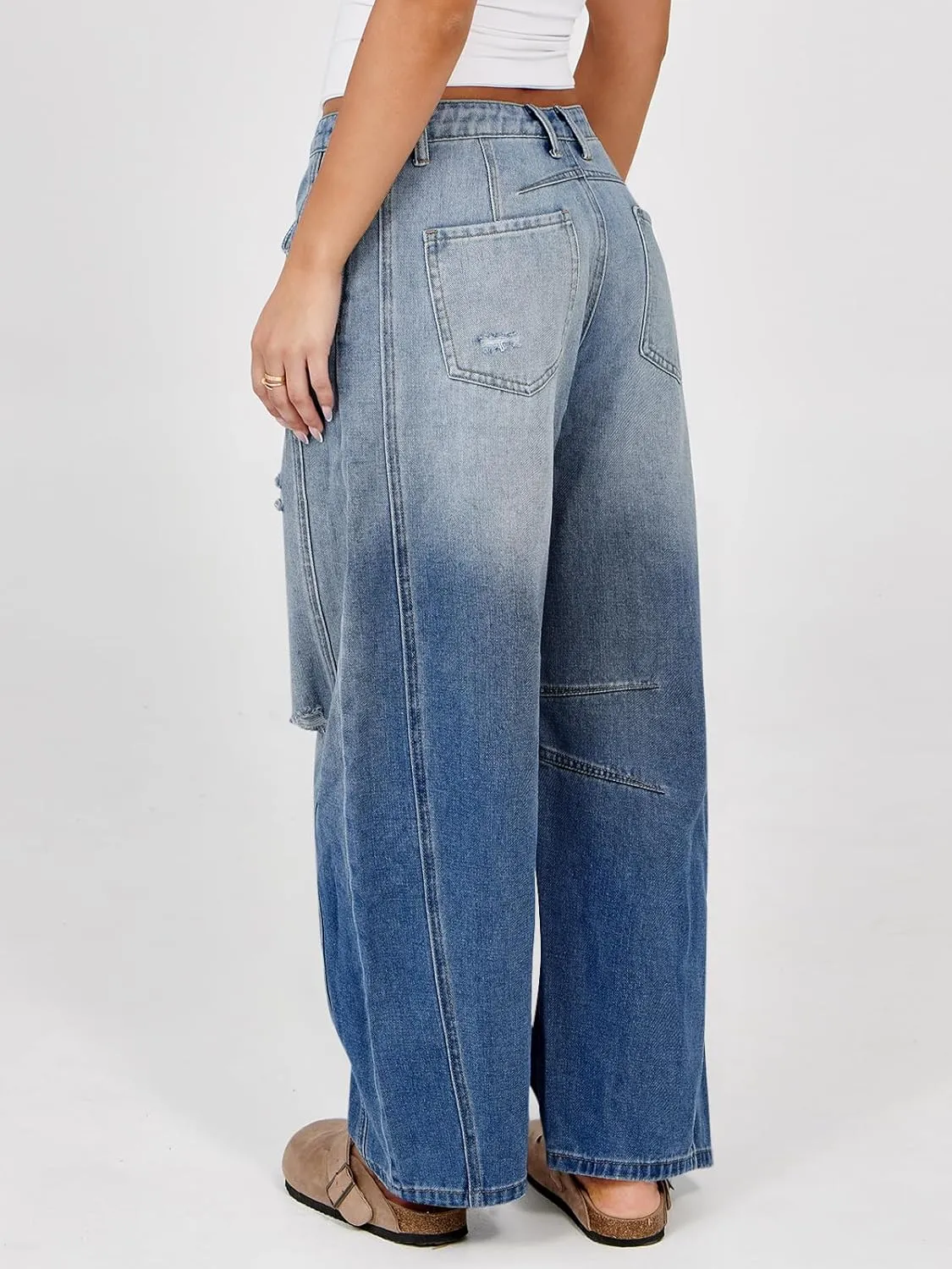 Tankaneo Womens Ripped Barrel Jeans Baggy Boyfriend Horseshoe Mid Rise Wide Leg Vintage Cropped Denim Pants