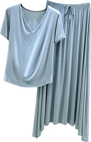 TUNUSKAT Womens 2 Piece Lounge Sets Long Skirts Pajamas Set Summer Modal Short Sleeve Sleepwear Casual Soft V Neck Nightwear