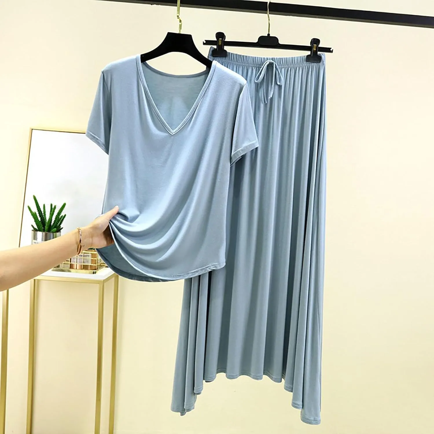 TUNUSKAT Womens 2 Piece Lounge Sets Long Skirts Pajamas Set Summer Modal Short Sleeve Sleepwear Casual Soft V Neck Nightwear