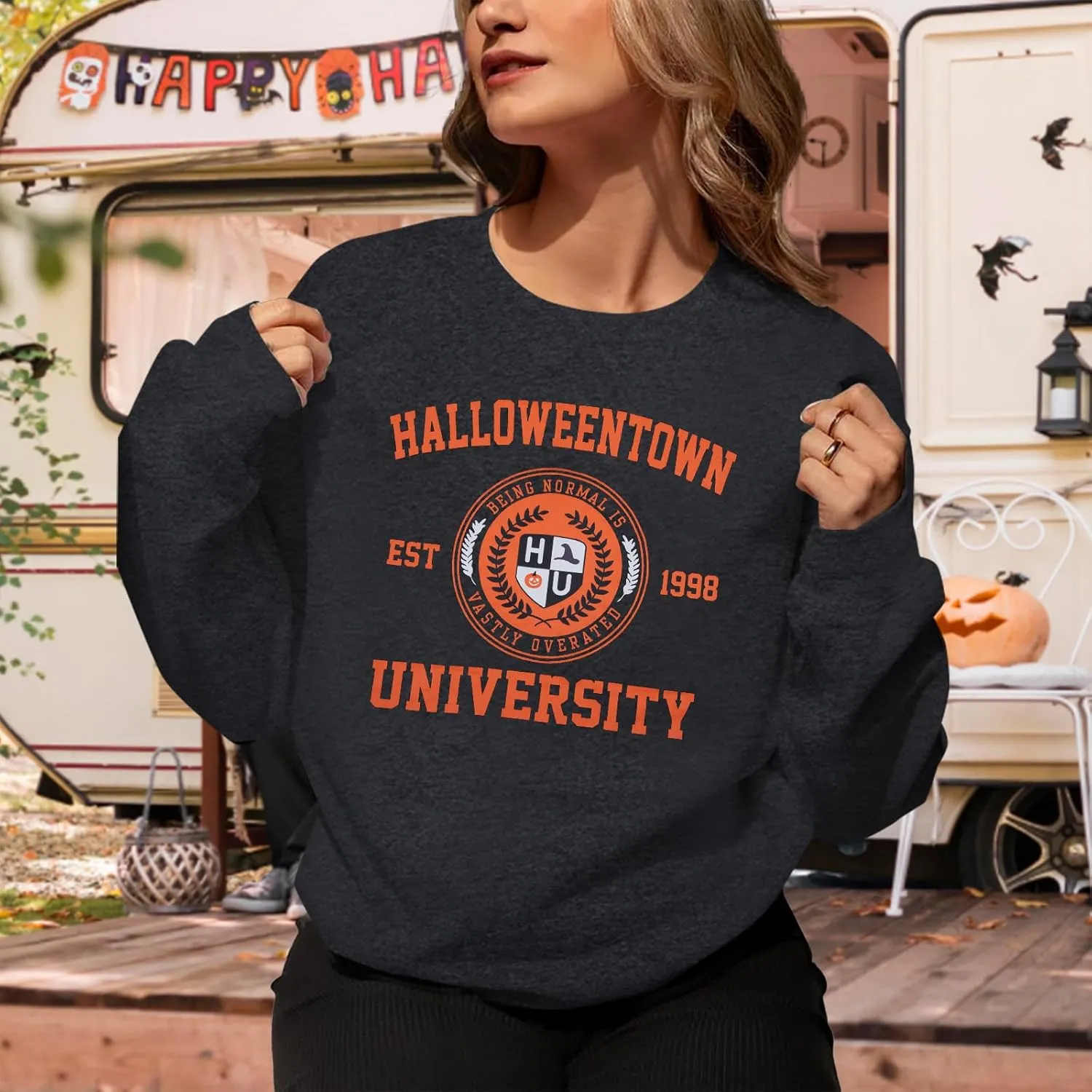 UNIQUEONE Halloween Sweatshirts for Women Oversized: Halloweentown University Sweater Spooky Season Fall Pullover Sweatshirt