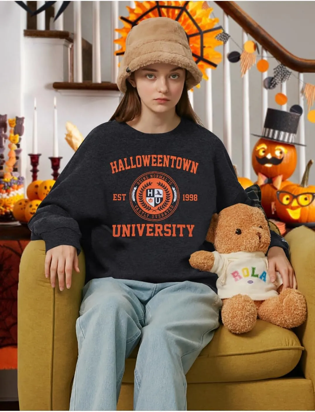 UNIQUEONE Halloween Sweatshirts for Women Oversized: Halloweentown University Sweater Spooky Season Fall Pullover Sweatshirt