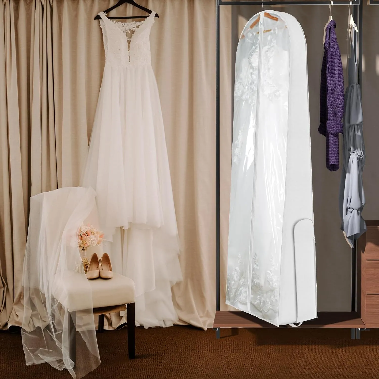 Univivi Wedding Dress Garment Bag, 72" Portable Bridal Dress Bags for Gowns Long, 12'' Gusseted Long Garment Bags with Clear Window and 2 PVC Accessory Pockets for Women, White
