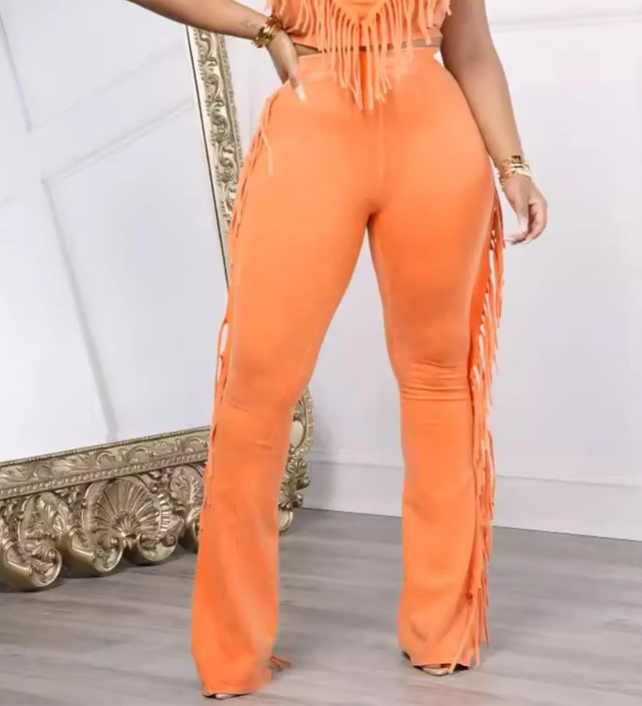 Unybwonn Fringe Pants Women High Waist Side Tassel Funky Flare Leggings Bodycon Lounge Stretchy Hippie Yoga Trousers