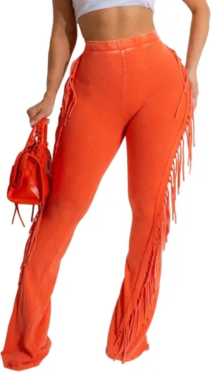 Unybwonn Fringe Pants Women High Waist Side Tassel Funky Flare Leggings Bodycon Lounge Stretchy Hippie Yoga Trousers
