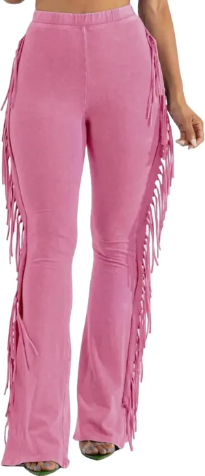Unybwonn Fringe Pants Women High Waist Side Tassel Funky Flare Leggings Bodycon Lounge Stretchy Hippie Yoga Trousers