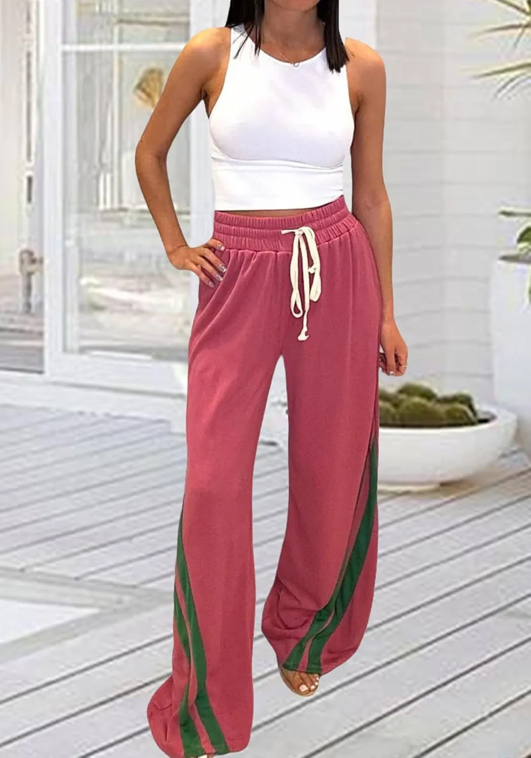 Unybwonn Women High Waist Wide Leg Sweatpants Straight Leg Elastic Waist Pants Casual Striped Pants with Drawstring
