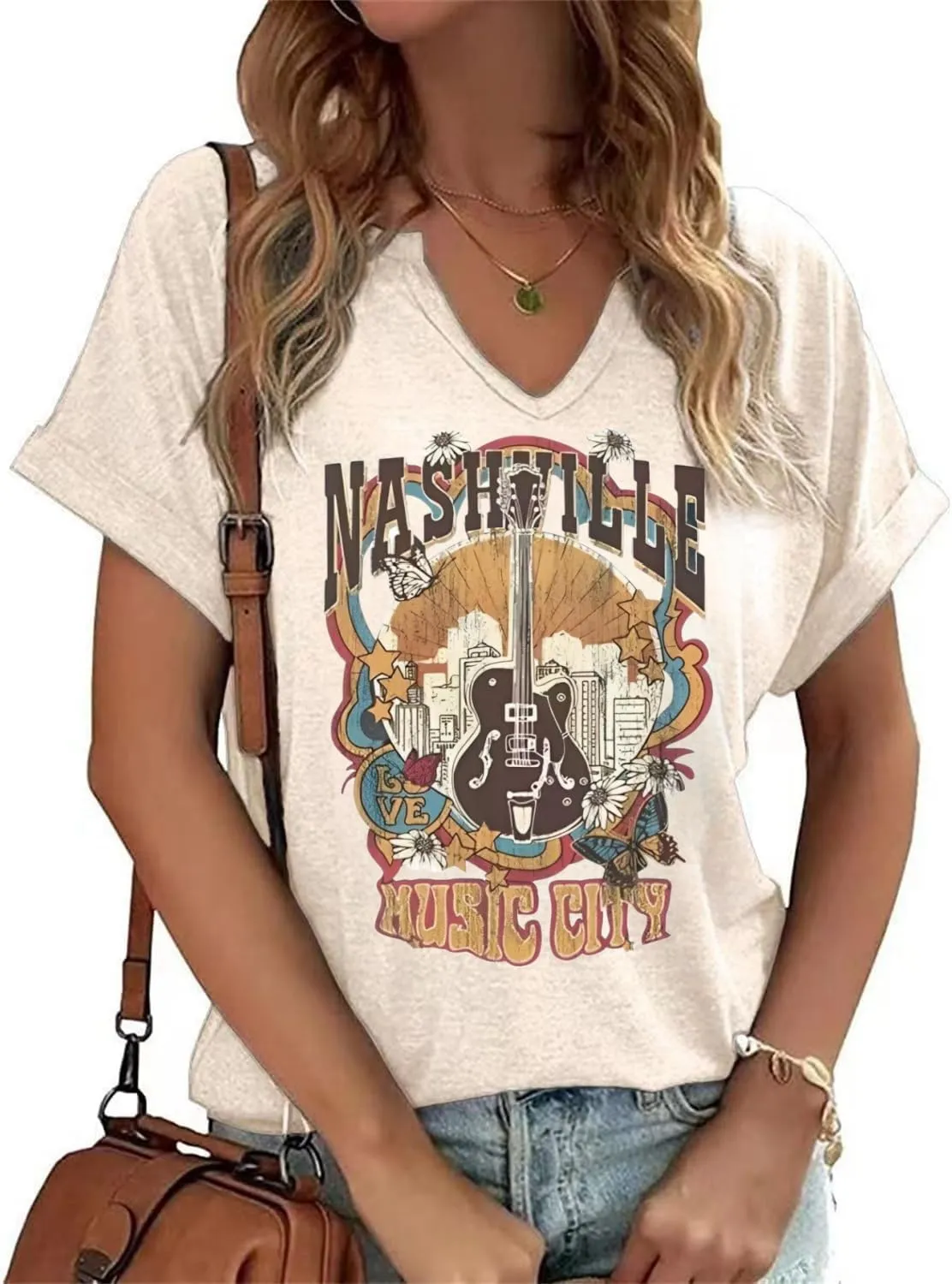 Vintage Rock Band T Shirt for Women V Neck Nashville Western Shirts Cowgirl Cowboy Graphic Tees Country Music Tops