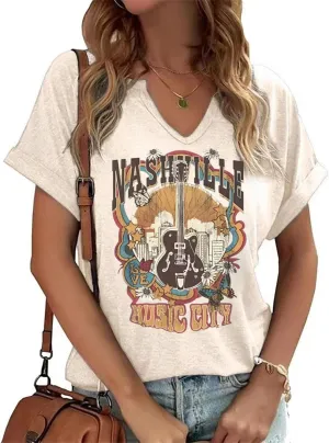 Vintage Rock Band T Shirt for Women V Neck Nashville Western Shirts Cowgirl Cowboy Graphic Tees Country Music Tops