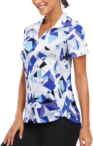 Vldnery Womens Golf Polo Shirts Quarter Zip Up Short Sleeve Printed Clothes Moisture Wicking Tennis Active Workout Tops