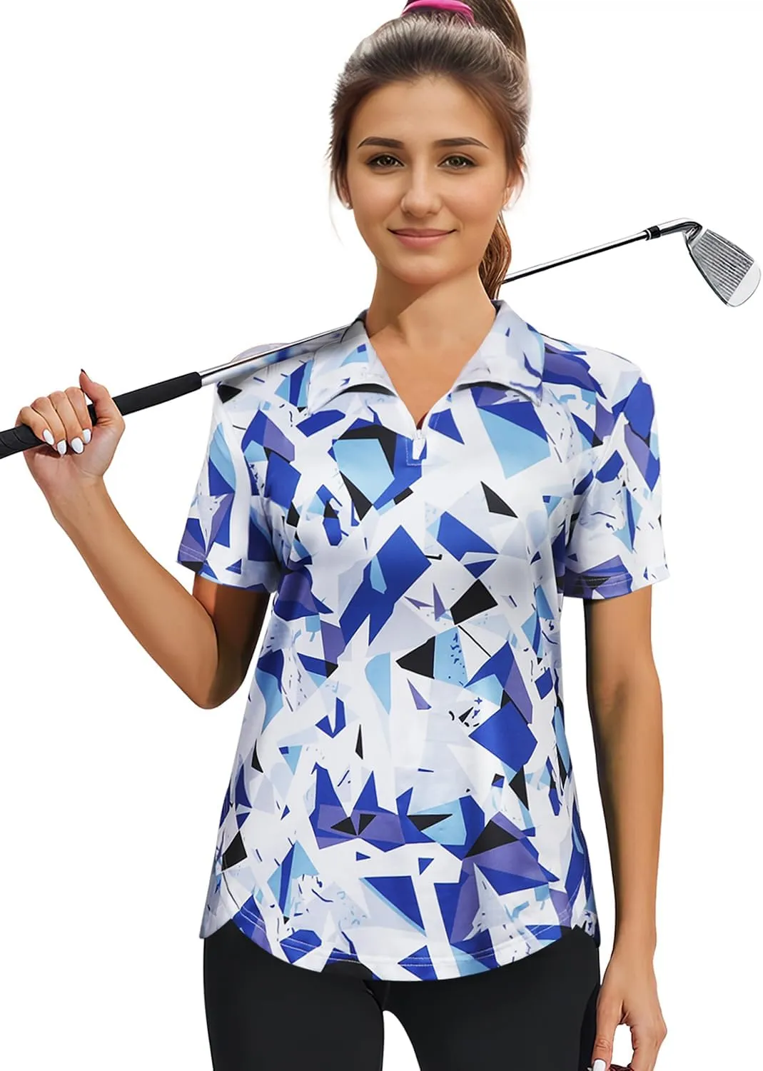 Vldnery Womens Golf Polo Shirts Quarter Zip Up Short Sleeve Printed Clothes Moisture Wicking Tennis Active Workout Tops