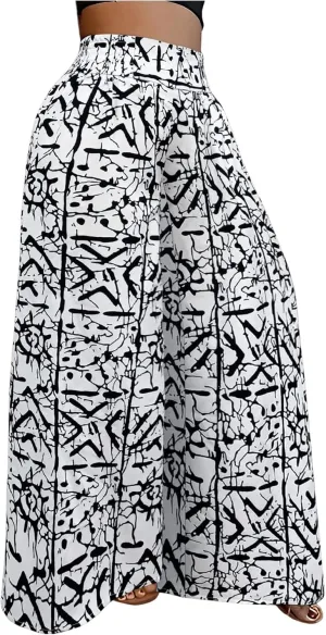 WDIRARA Women's Newspaper Print Palazzo Pants Elastic Waist Loose Funky Letter Print Wide Leg Pants