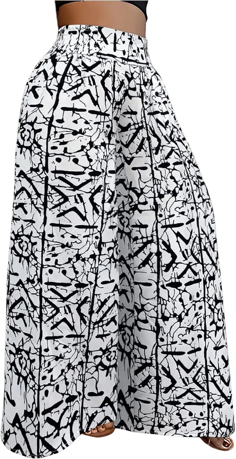 WDIRARA Women's Newspaper Print Palazzo Pants Elastic Waist Loose Funky Letter Print Wide Leg Pants