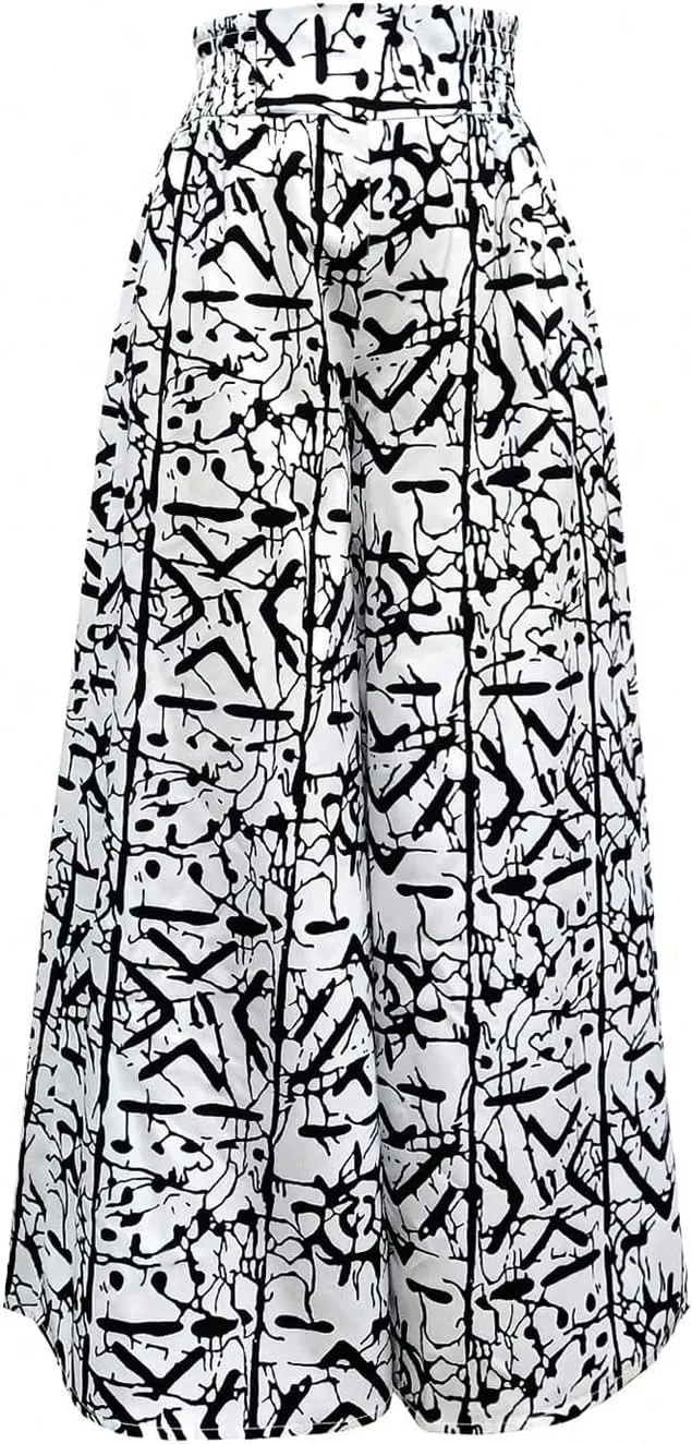 WDIRARA Women's Newspaper Print Palazzo Pants Elastic Waist Loose Funky Letter Print Wide Leg Pants