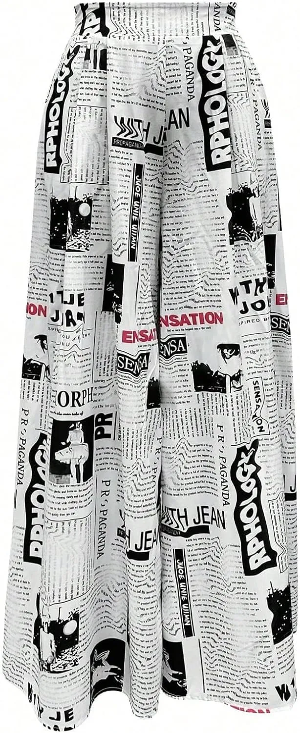 WDIRARA Women's Newspaper Print Palazzo Pants Elastic Waist Loose Funky Letter Print Wide Leg Pants