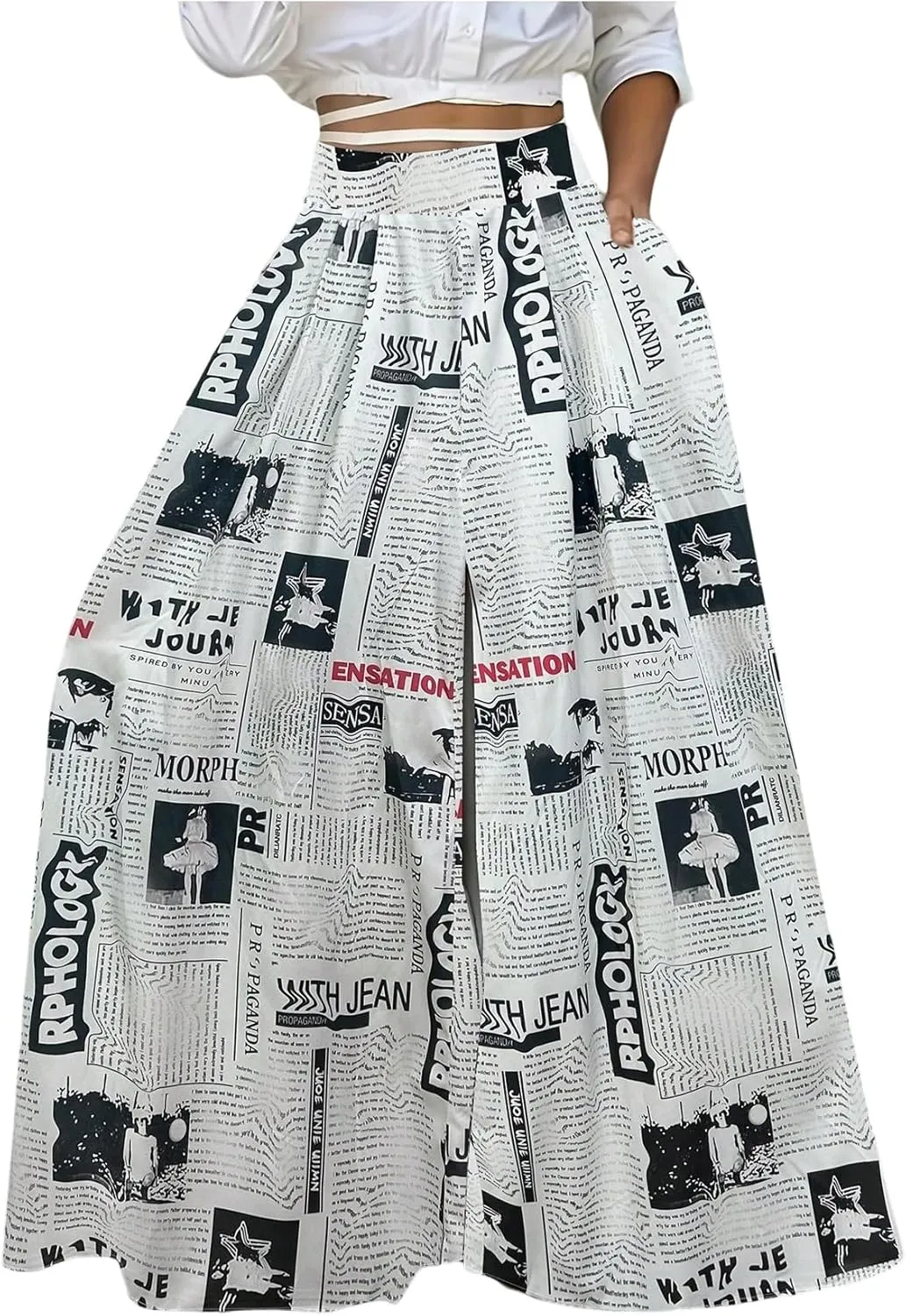 WDIRARA Women's Newspaper Print Palazzo Pants Elastic Waist Loose Funky Letter Print Wide Leg Pants