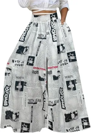 WDIRARA Women's Newspaper Print Palazzo Pants Elastic Waist Loose Funky Letter Print Wide Leg Pants