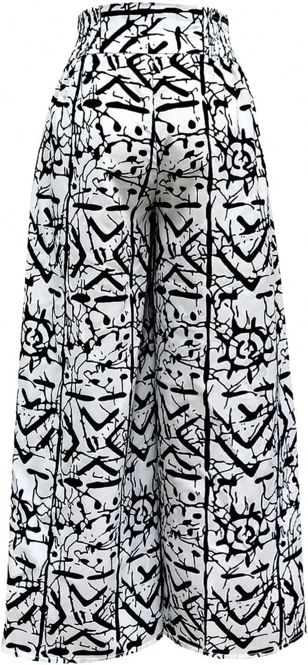 WDIRARA Women's Newspaper Print Palazzo Pants Elastic Waist Loose Funky Letter Print Wide Leg Pants