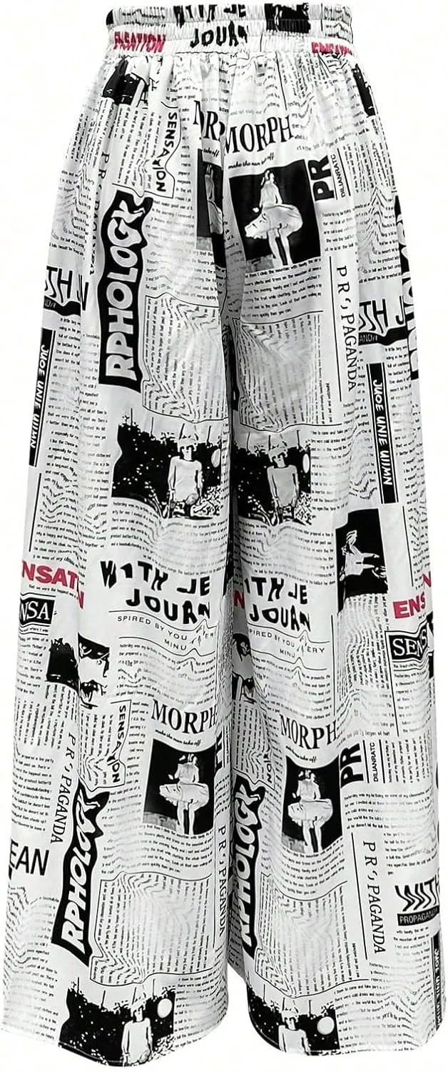 WDIRARA Women's Newspaper Print Palazzo Pants Elastic Waist Loose Funky Letter Print Wide Leg Pants