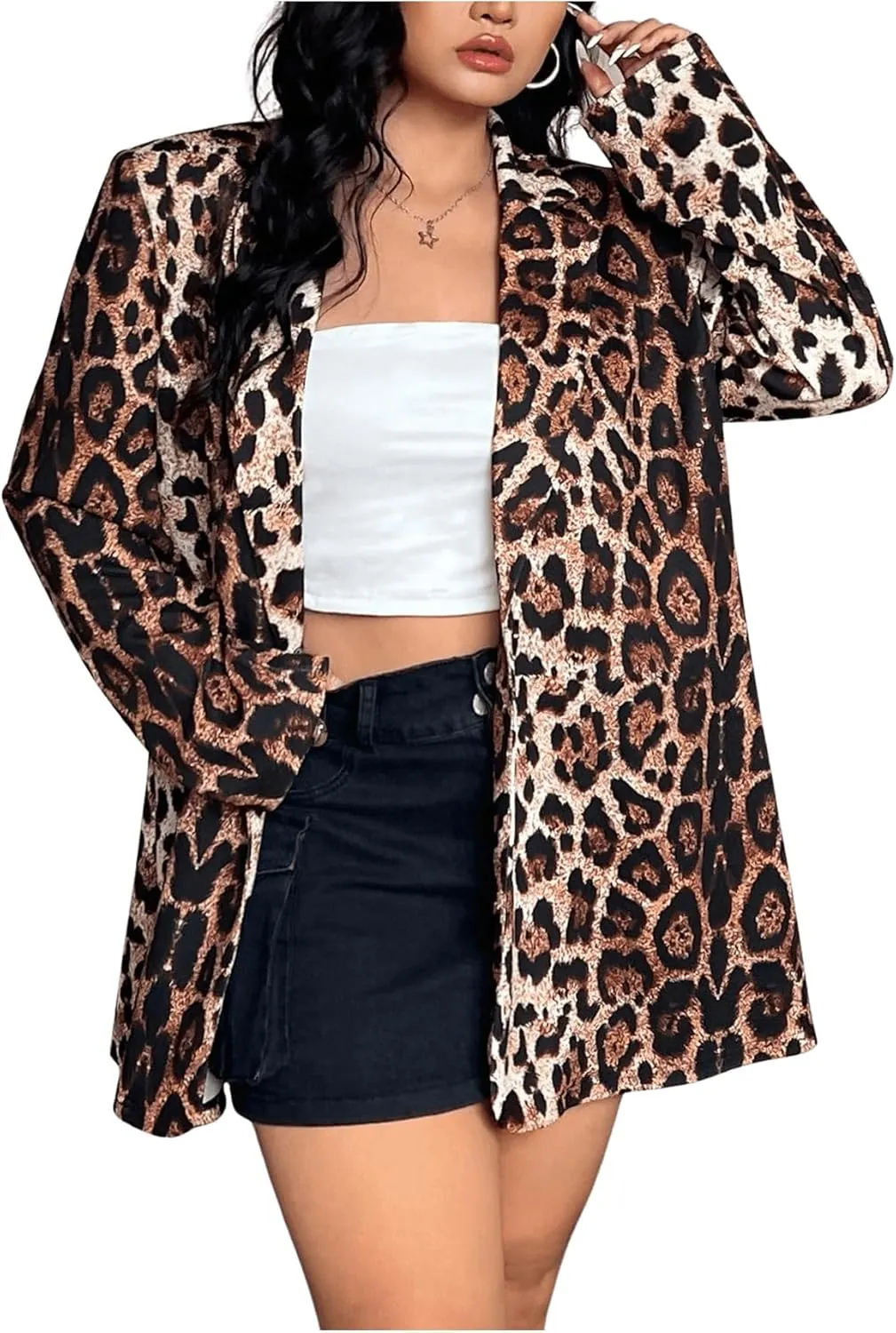 WDIRARA Women's Plus Size Newspaper Print Blazer Lapel Button Padded Shoulder Funky Blazer Jacket Outerwear