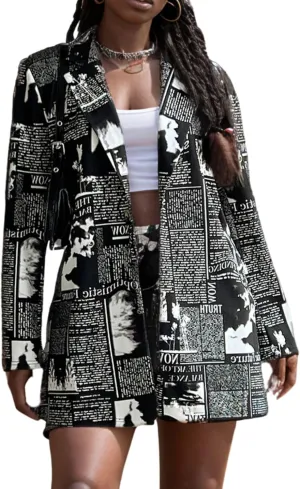 WDIRARA Women's Plus Size Newspaper Print Blazer Lapel Button Padded Shoulder Funky Blazer Jacket Outerwear