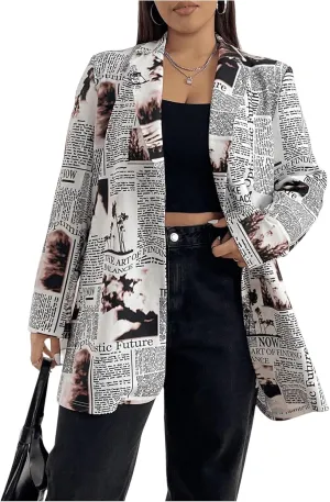 WDIRARA Women's Plus Size Newspaper Print Blazer Lapel Button Padded Shoulder Funky Blazer Jacket Outerwear