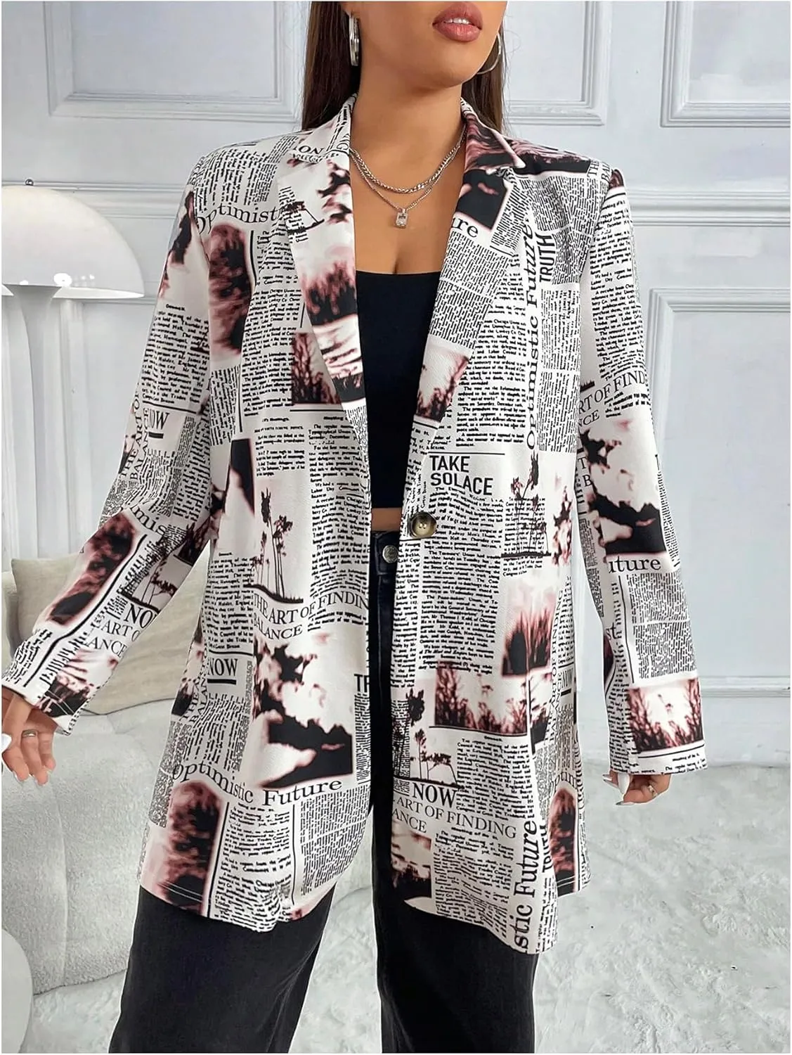 WDIRARA Women's Plus Size Newspaper Print Blazer Lapel Button Padded Shoulder Funky Blazer Jacket Outerwear