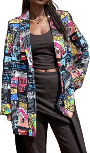 WDIRARA Women's Plus Size Newspaper Print Blazer Lapel Button Padded Shoulder Funky Blazer Jacket Outerwear