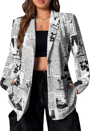 WDIRARA Women's Plus Size Newspaper Print Blazer Lapel Button Padded Shoulder Funky Blazer Jacket Outerwear