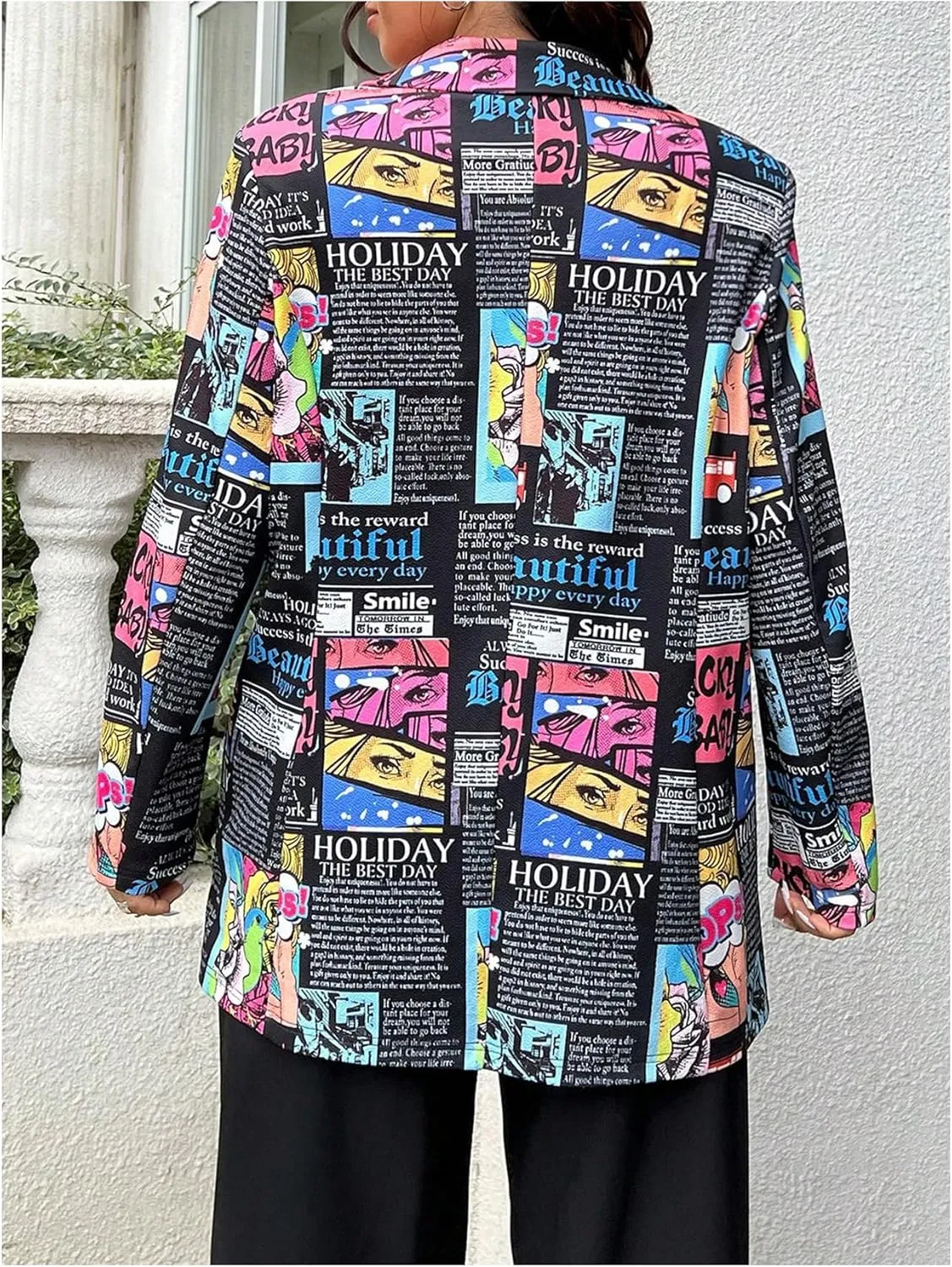 WDIRARA Women's Plus Size Newspaper Print Blazer Lapel Button Padded Shoulder Funky Blazer Jacket Outerwear