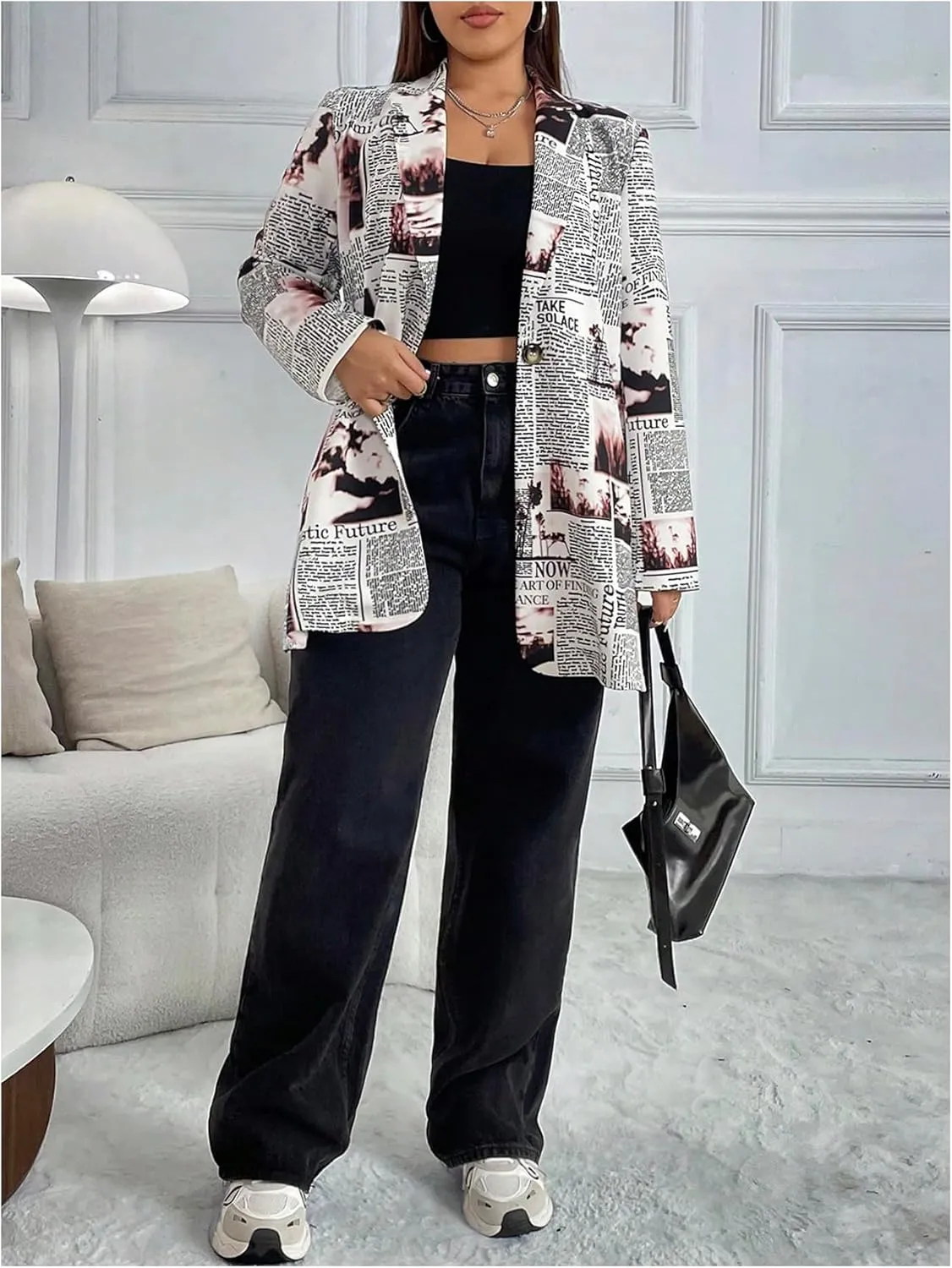 WDIRARA Women's Plus Size Newspaper Print Blazer Lapel Button Padded Shoulder Funky Blazer Jacket Outerwear