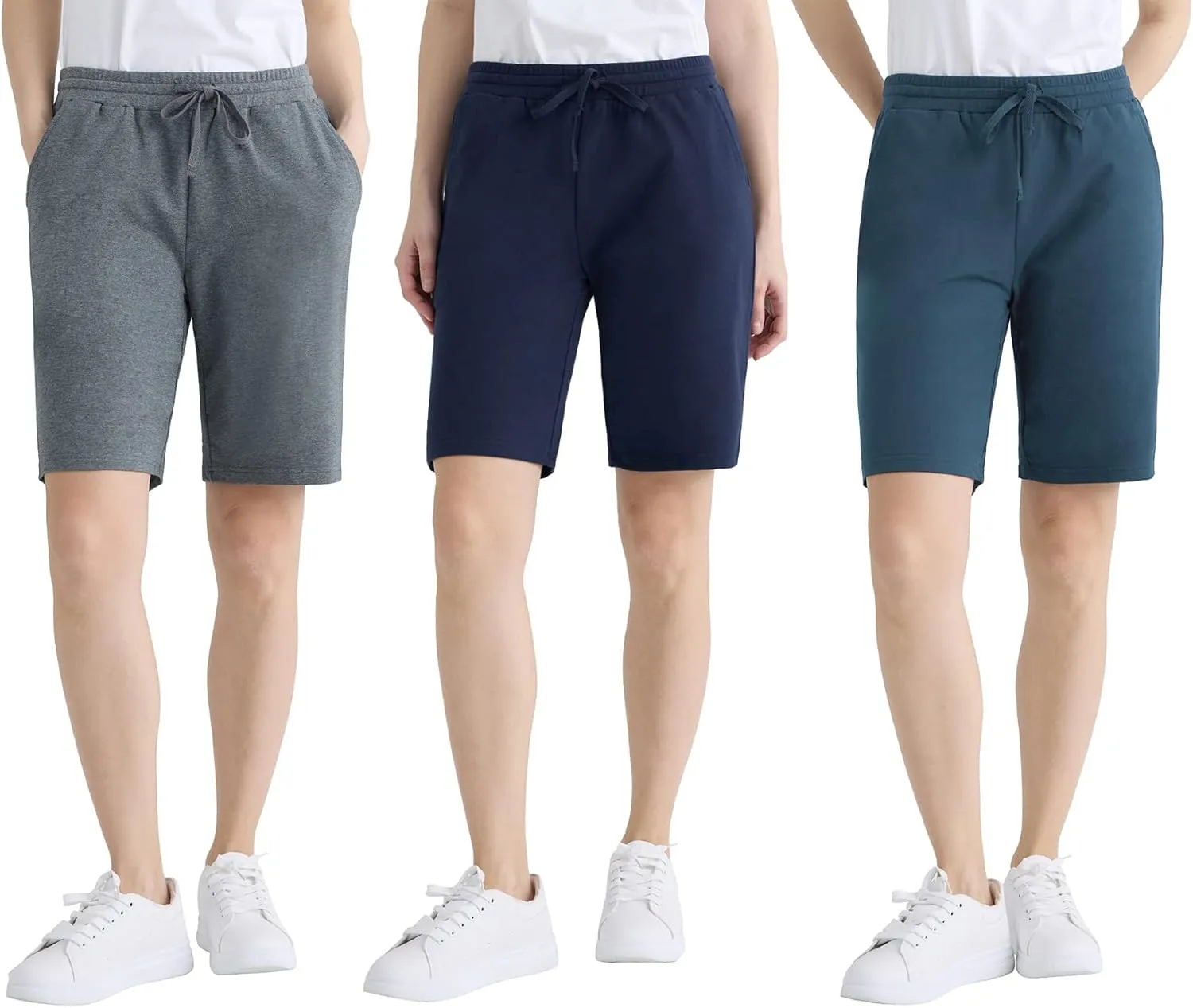 Weintee Women's 9" Inseam Cotton Bermuda Shorts with Pockets 3 Pack