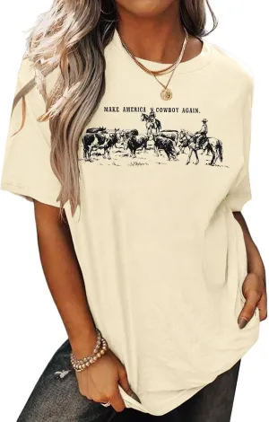 Western Shirts for Women Oversized Cowgirl T-Shirt Make America Cowboy Again Shirt Vintage Rodeo Tees