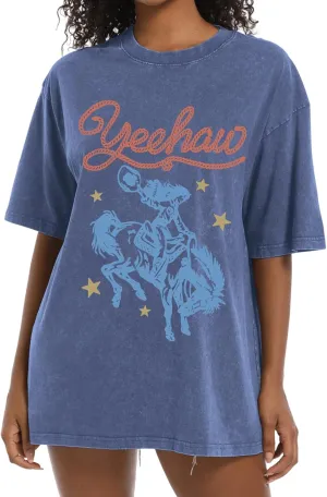 Western Shirts for Women Vintage Cowgirl Shirt Oversized Rodeo Cowboy Graphic Tees Country Concert Short Sleeve Tops