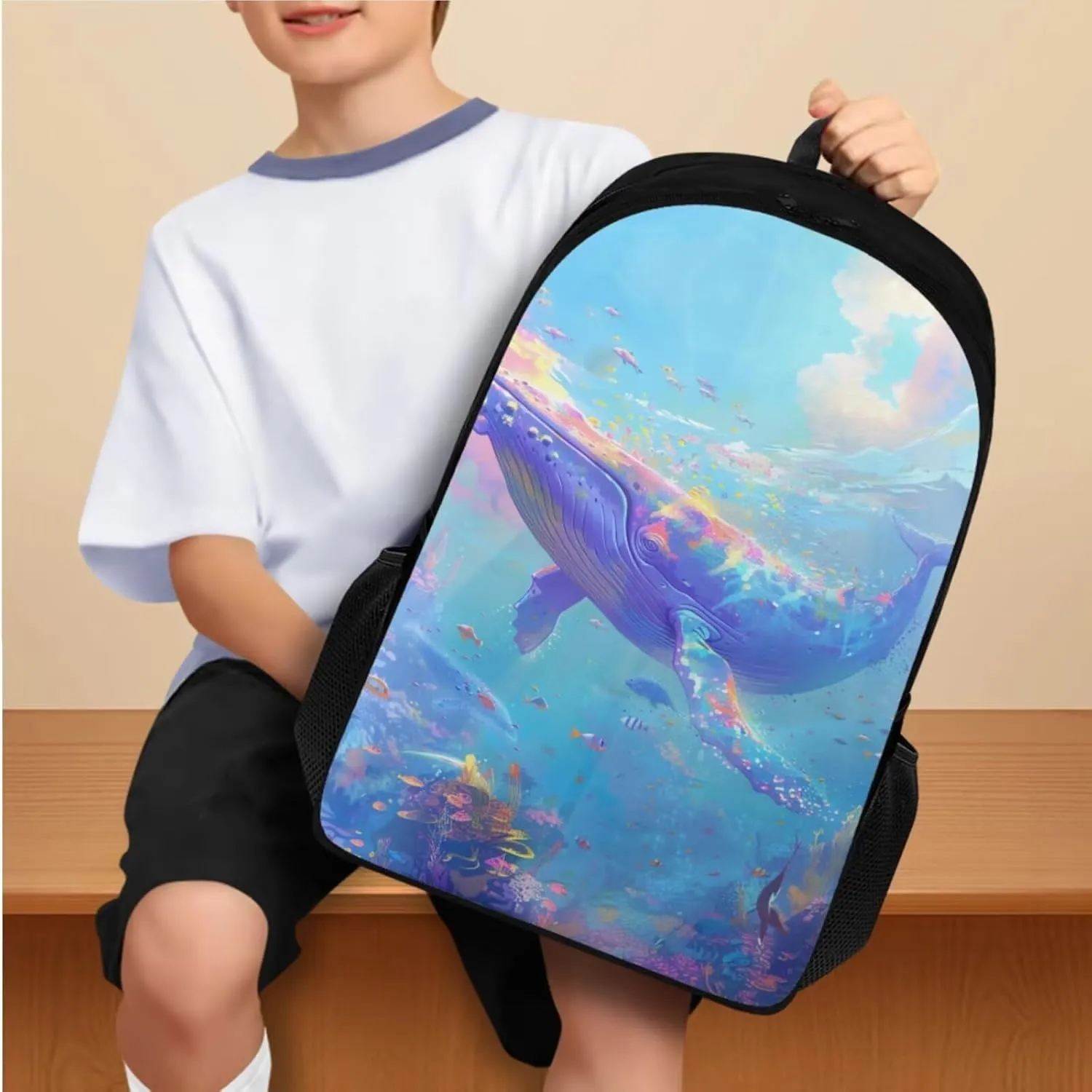Whales Girls Backpack for Kids with Water Bottle Holder Multi-Functional Soft Toddler Girl Backpack and Lunch Box Set for Primary and Junior High School