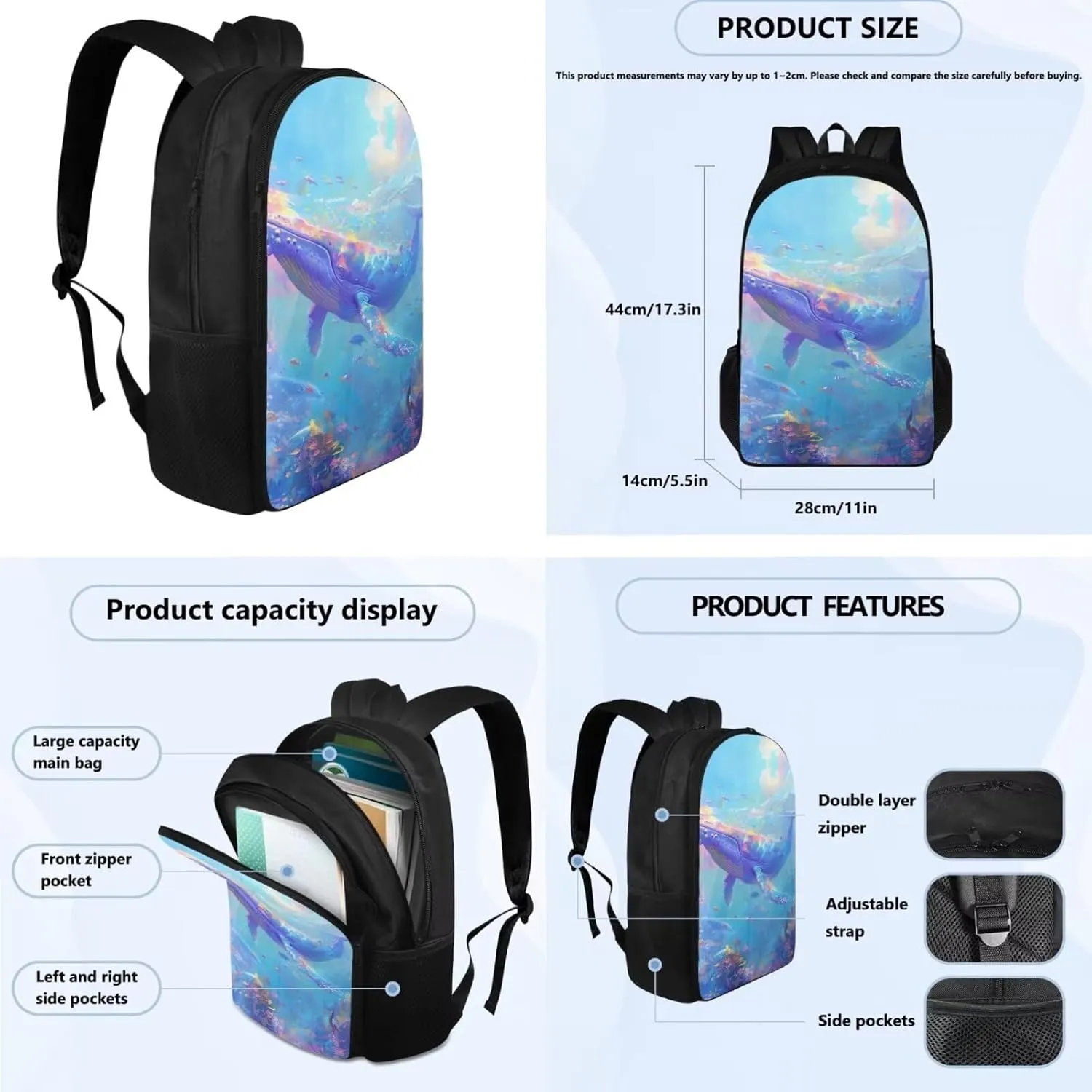 Whales Girls Backpack for Kids with Water Bottle Holder Multi-Functional Soft Toddler Girl Backpack and Lunch Box Set for Primary and Junior High School