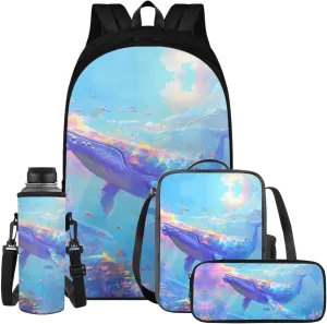Whales Girls Backpack for Kids with Water Bottle Holder Multi-Functional Soft Toddler Girl Backpack and Lunch Box Set for Primary and Junior High School