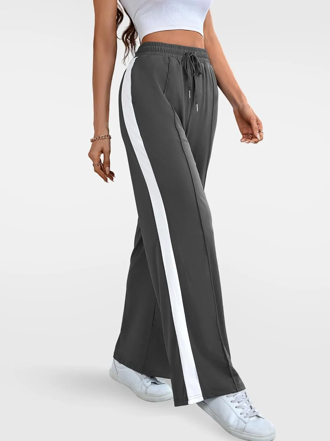 Wide Leg Sweatpants Women High Waisted Baggy Sweat Pants Active Striped Track Pants with Pockets