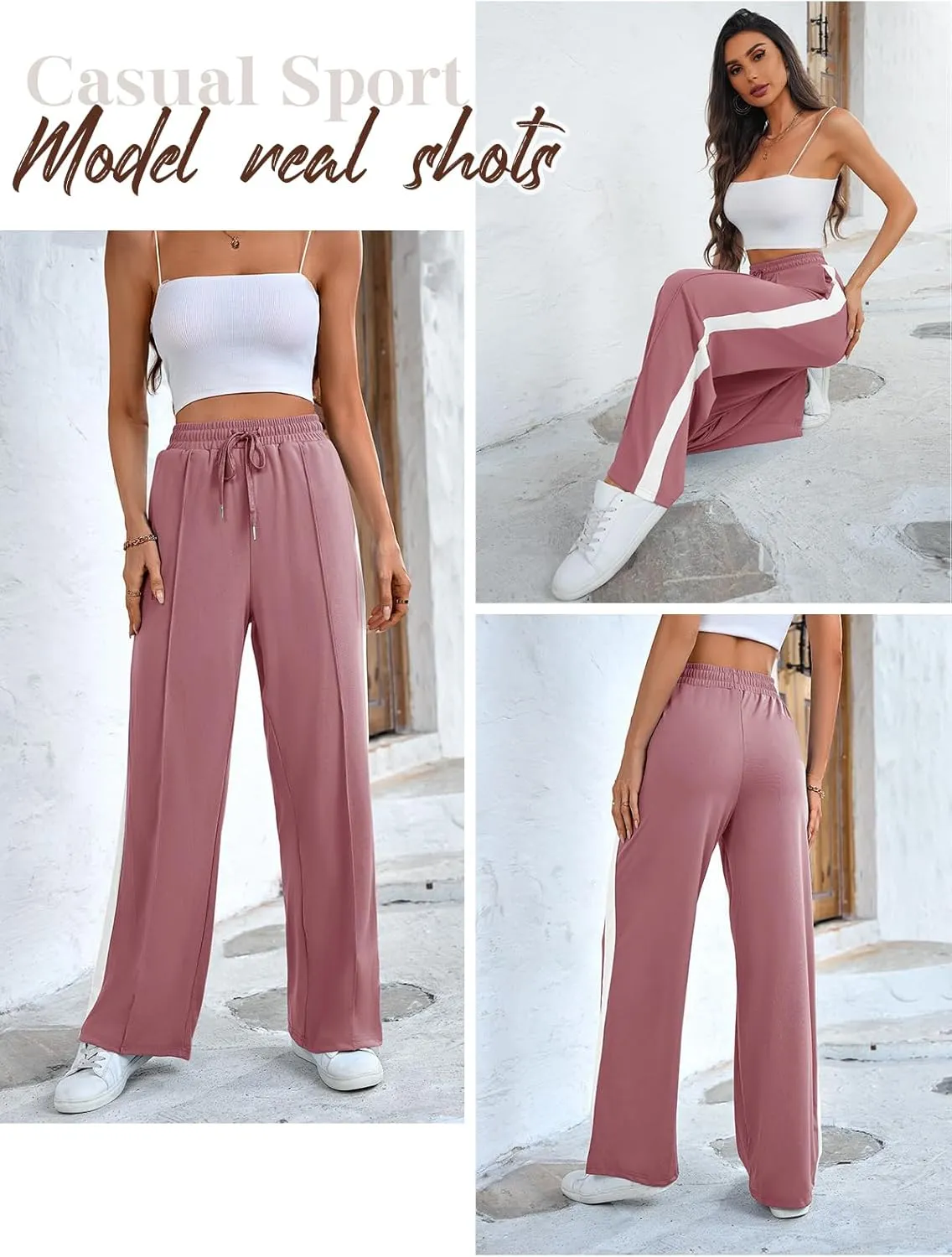 Wide Leg Sweatpants Women High Waisted Baggy Sweat Pants Active Striped Track Pants with Pockets