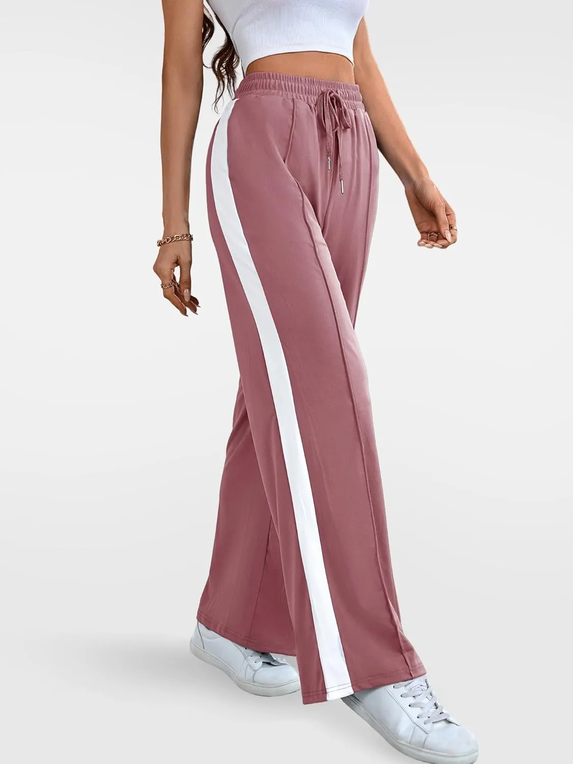 Wide Leg Sweatpants Women High Waisted Baggy Sweat Pants Active Striped Track Pants with Pockets