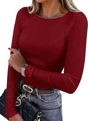 WIHOLL Women's Knit Ribbed Long Sleeve Shirts 2025 Spring Casual Crewneck Tops Slim Fitted Basic Tees