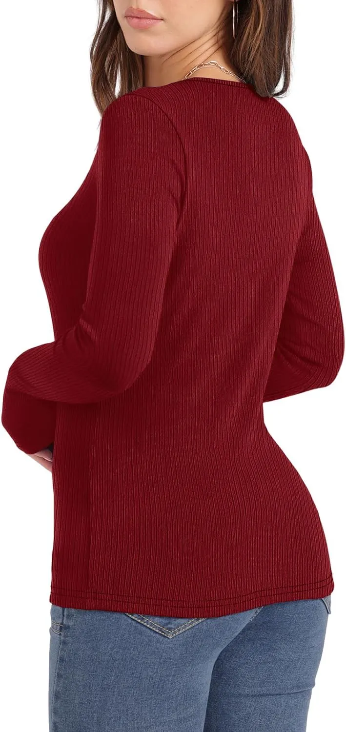 WIHOLL Women's Knit Ribbed Long Sleeve Shirts 2025 Spring Casual Crewneck Tops Slim Fitted Basic Tees